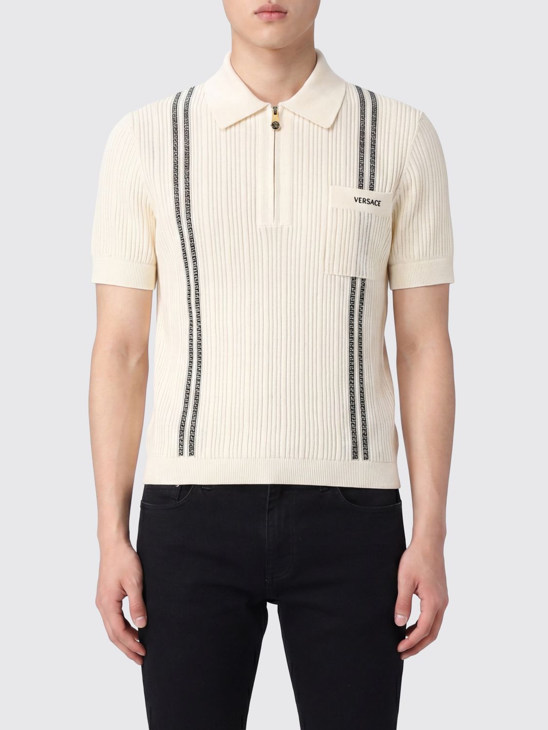 VERSACE Cotton Knit Polo with Greca Pattern and Zip Closure