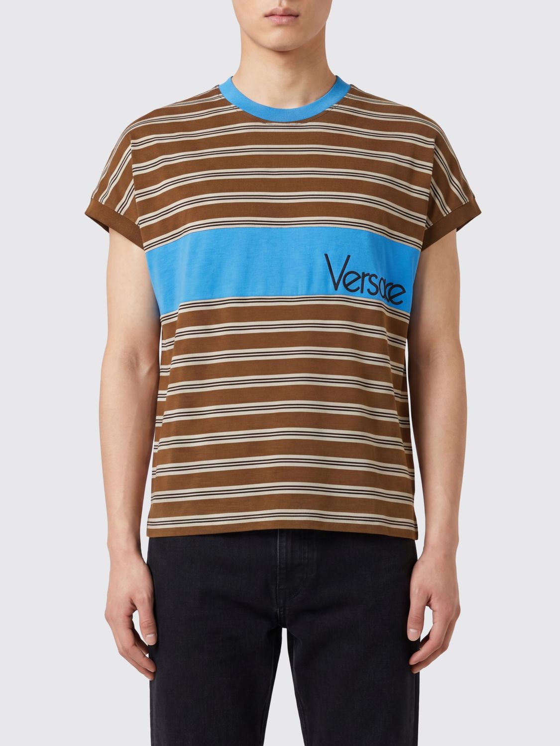 VERSACE Striped Cotton T-Shirt with Crew Neck and Contrast Trims