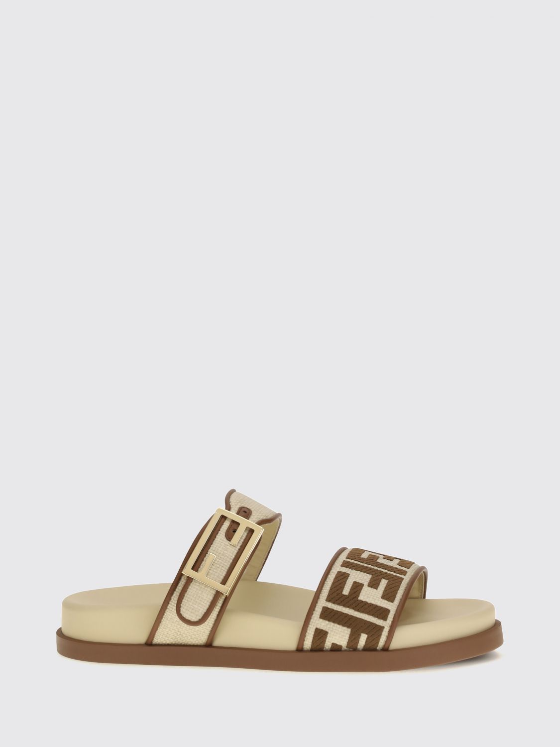 Fendi Feel Flat Sandals in Raffia with FF Monogram Motif and Strap