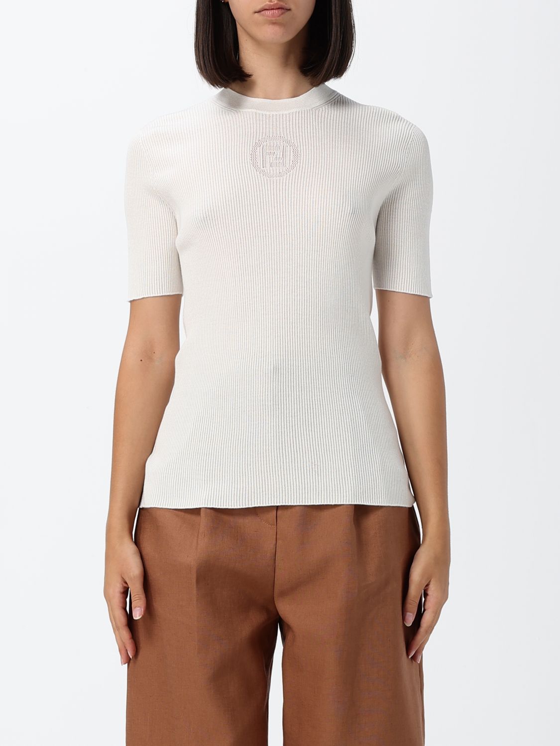 FENDI Maglia a maniche corte in cotone a coste con monogramma FF