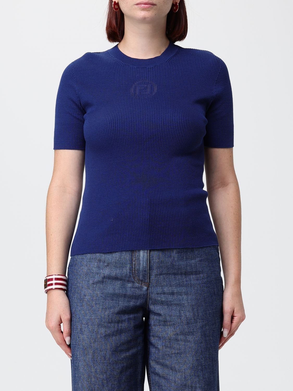 FENDI Maglia a maniche corte in cotone a coste con monogramma FF