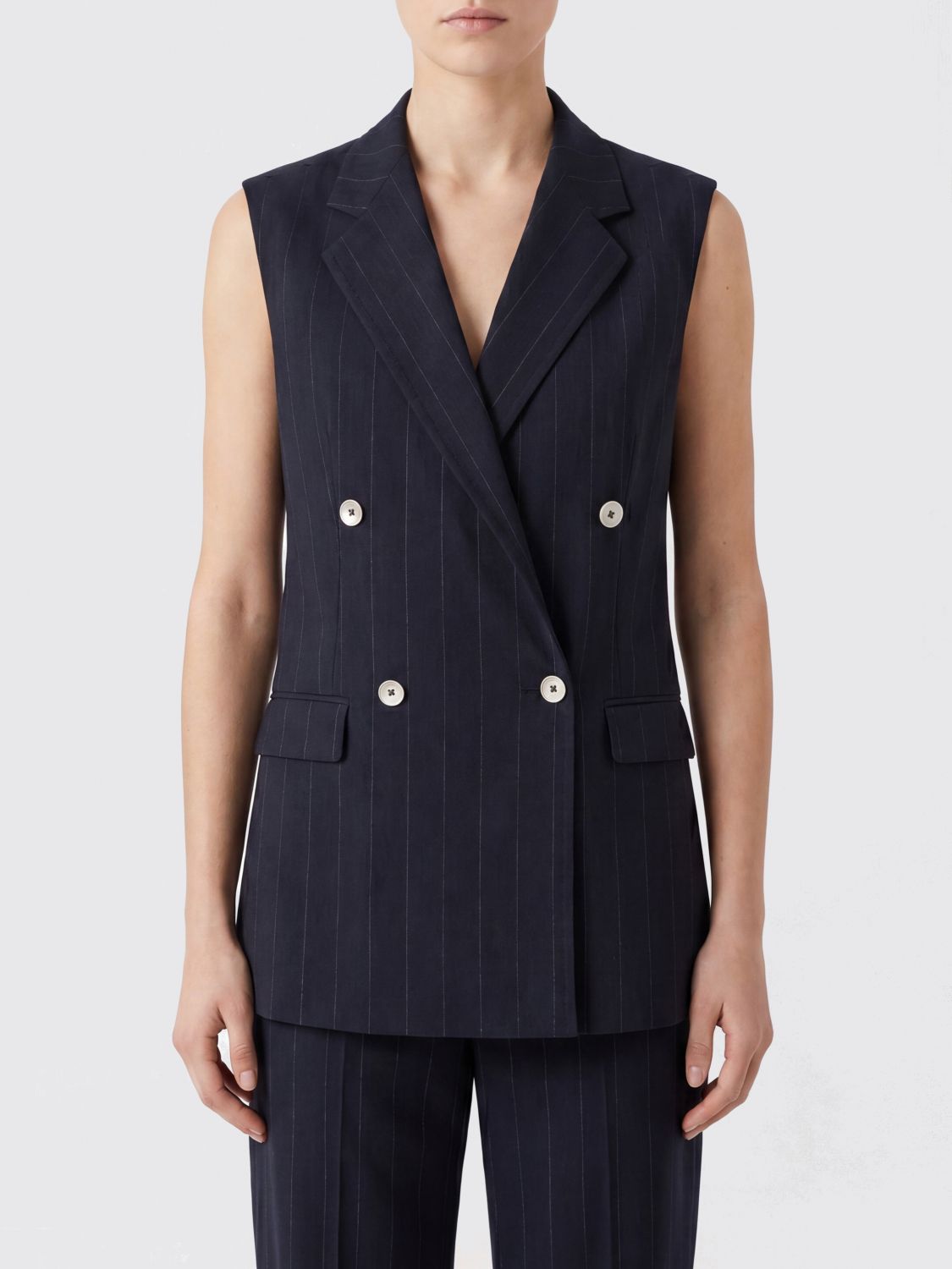 TAGLIATORE Gilet doppiopetto Bernice gessato in misto lino con rever a lancia