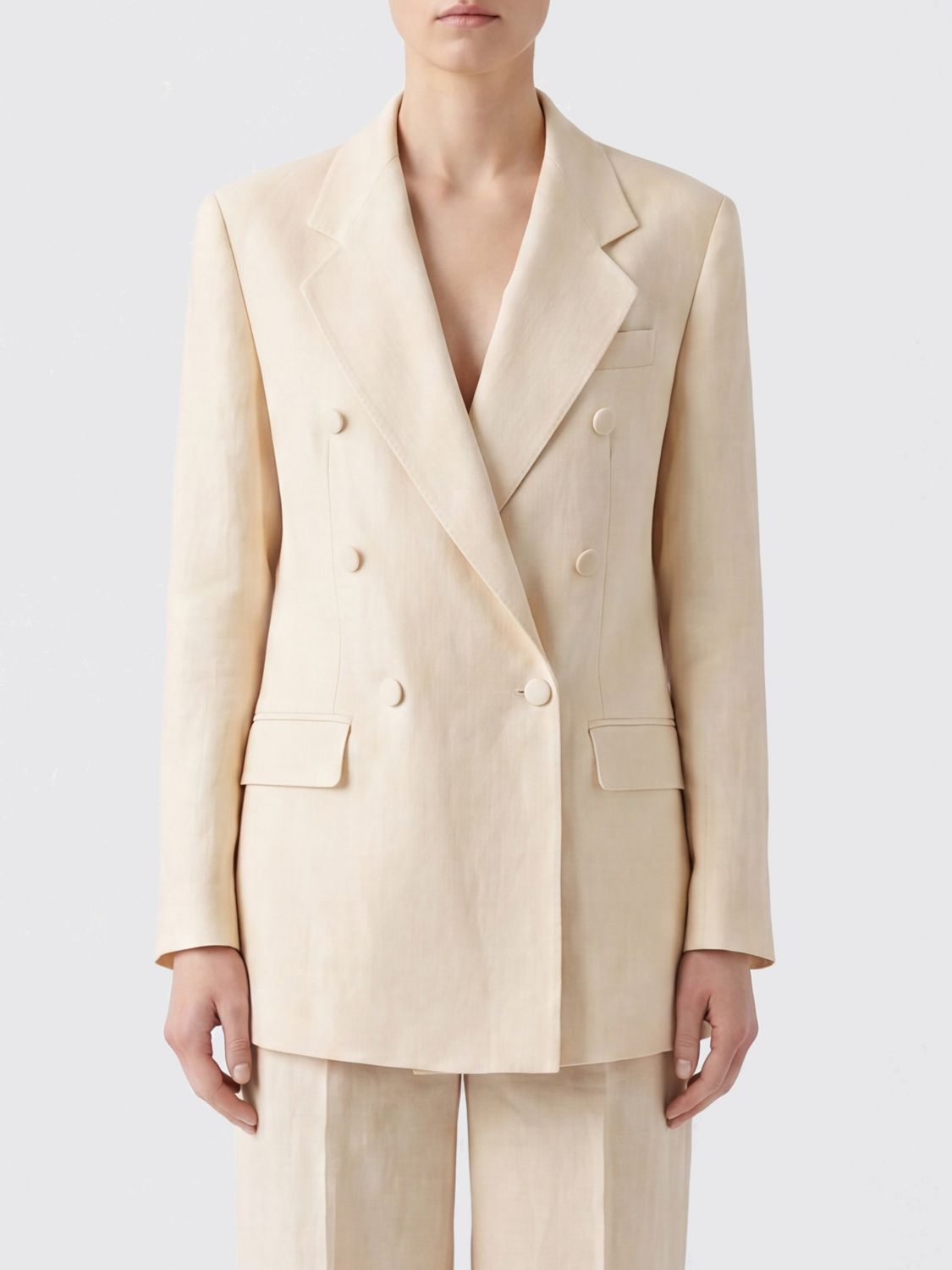 TAGLIATORE Loreley Cropped Double-Breasted Linen Blazer with Peak Lapels