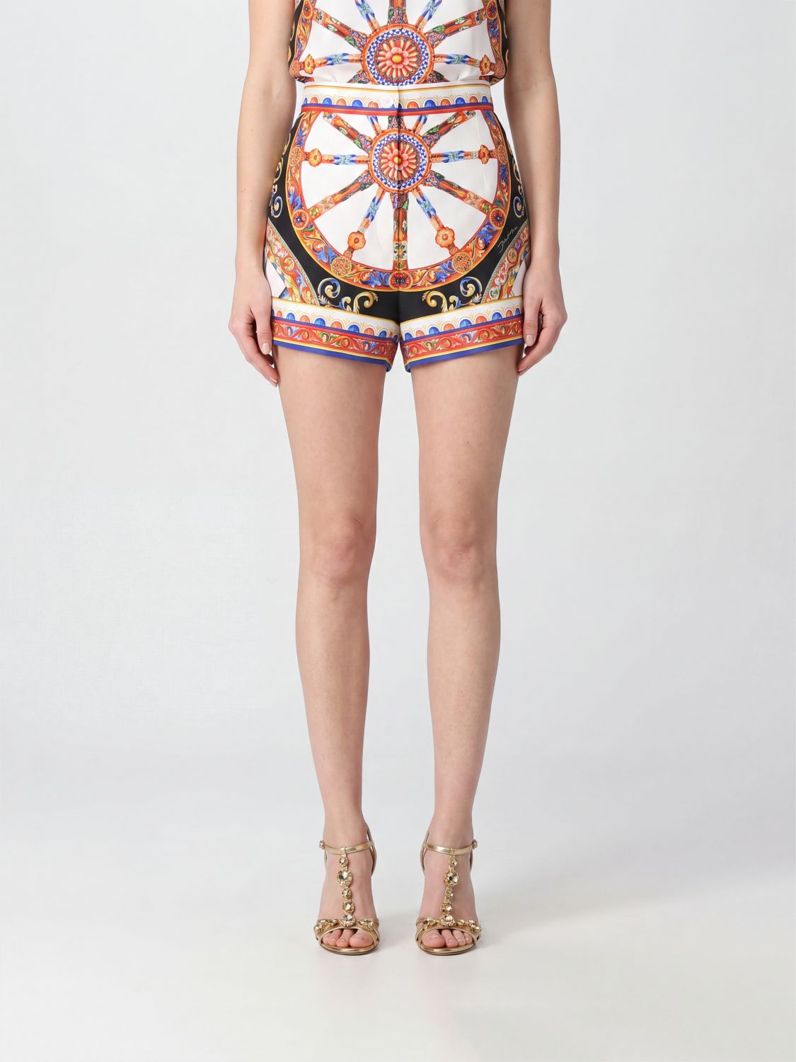 DOLCE & GABBANA Shorts a vita alta in seta con stampa Carretto Siciliano