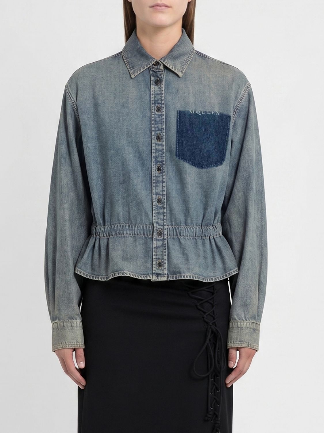 Mcqueen Relaxed Fit Cotton Denim Shirt with Dropped Shoulders