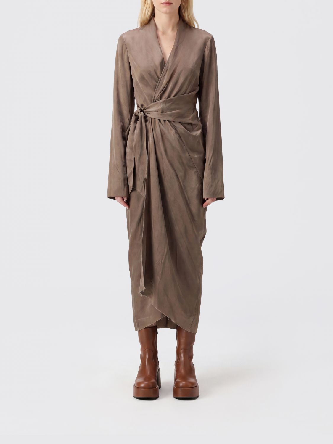 RICK OWENS Midi Wrap Shirt Dress in Cupro with Long Sleeves