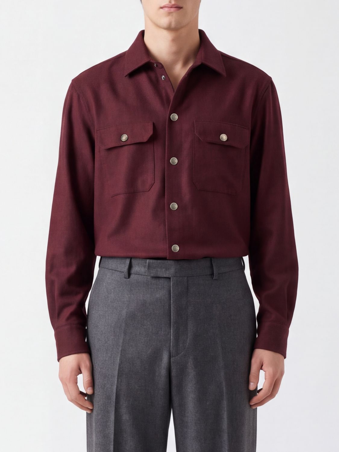 BRUNELLO CUCINELLI Wool Shirt Jacket with Patch Pockets and Button Closure