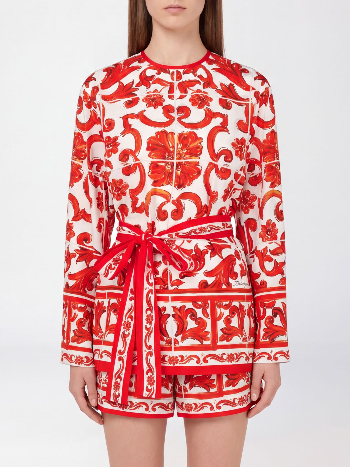 DOLCE & GABBANA Seidenbluse mit Majolika-Print und Taillenband zum Binden