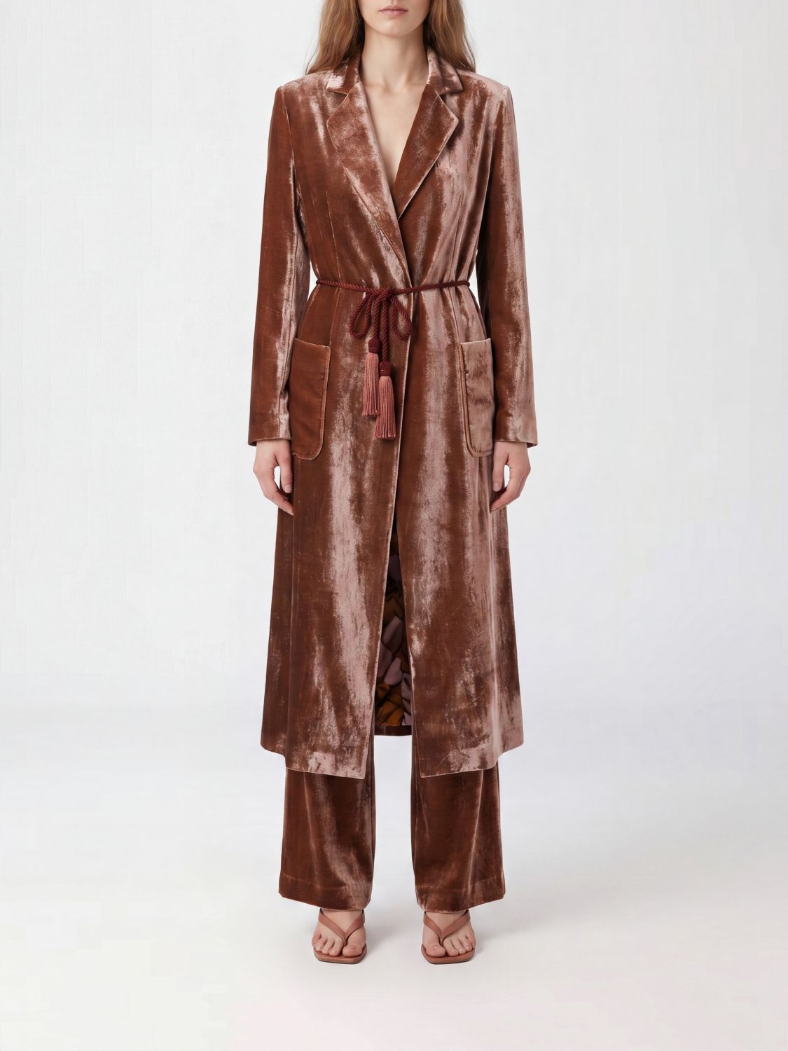 LA DOUBLEJ Long Robe-Style Coat in Velvet with a Matching Belt