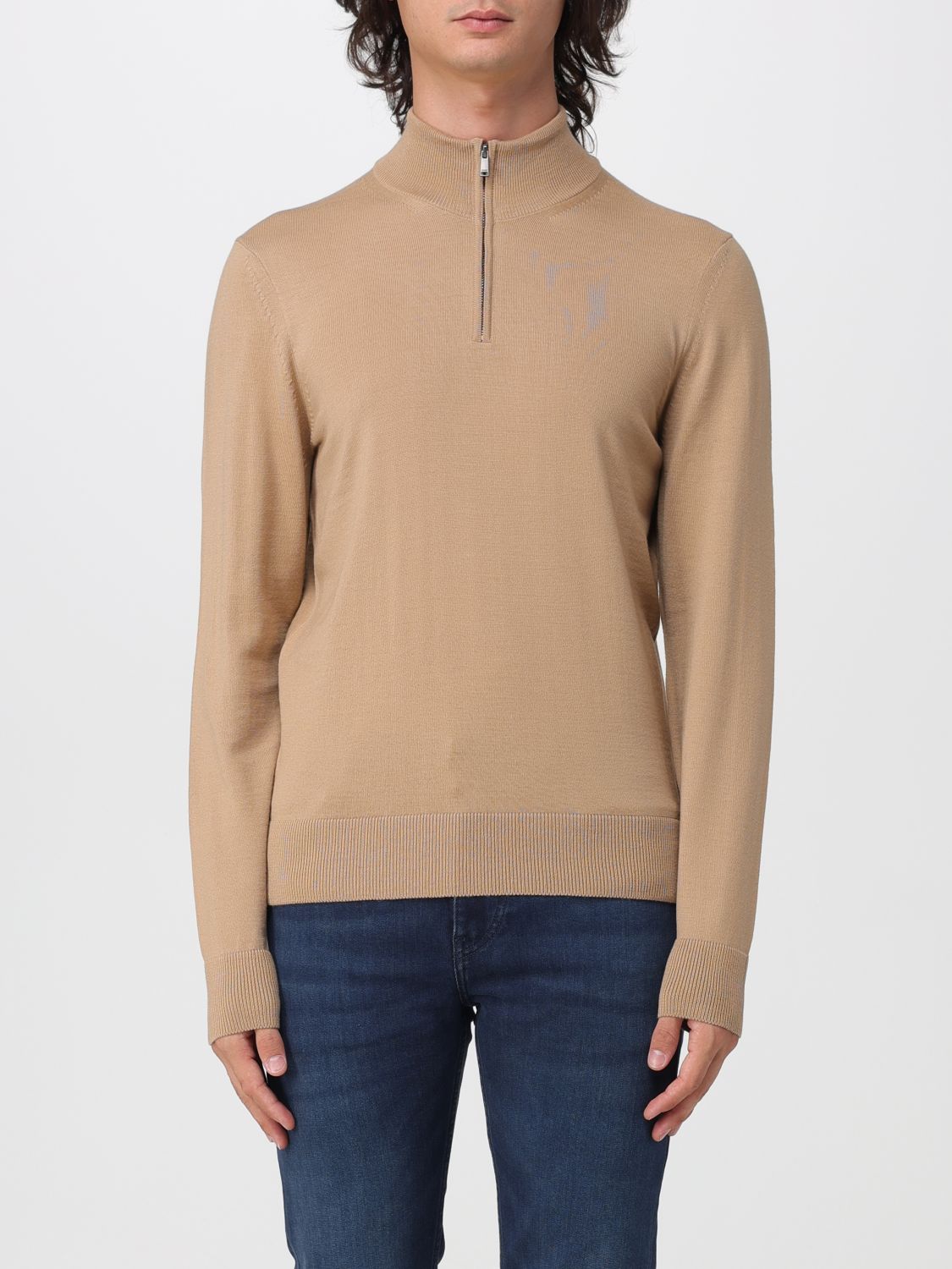 BOSS Pure Wool Half-Zip Turtleneck Jumper with Ribbed Hems
