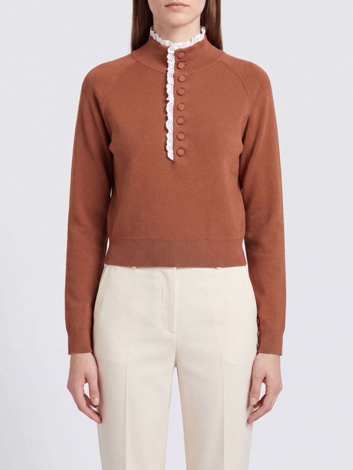 CHLOÉ Dolcevita cropped in lana slim fit con rouches e ricami