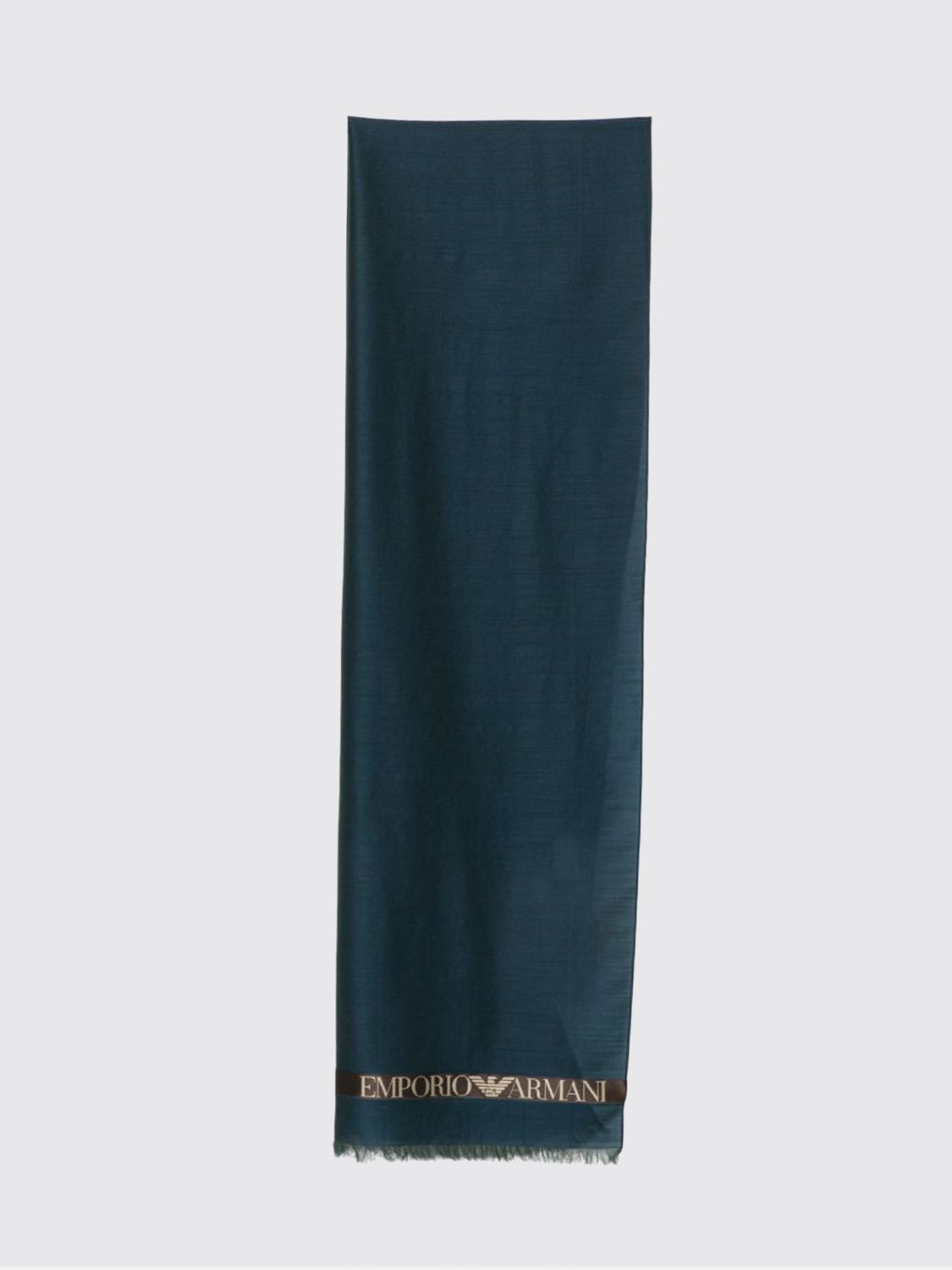 Emporio Armani Virgin Wool Scarf with Contrasting Logo and Fringed Edges