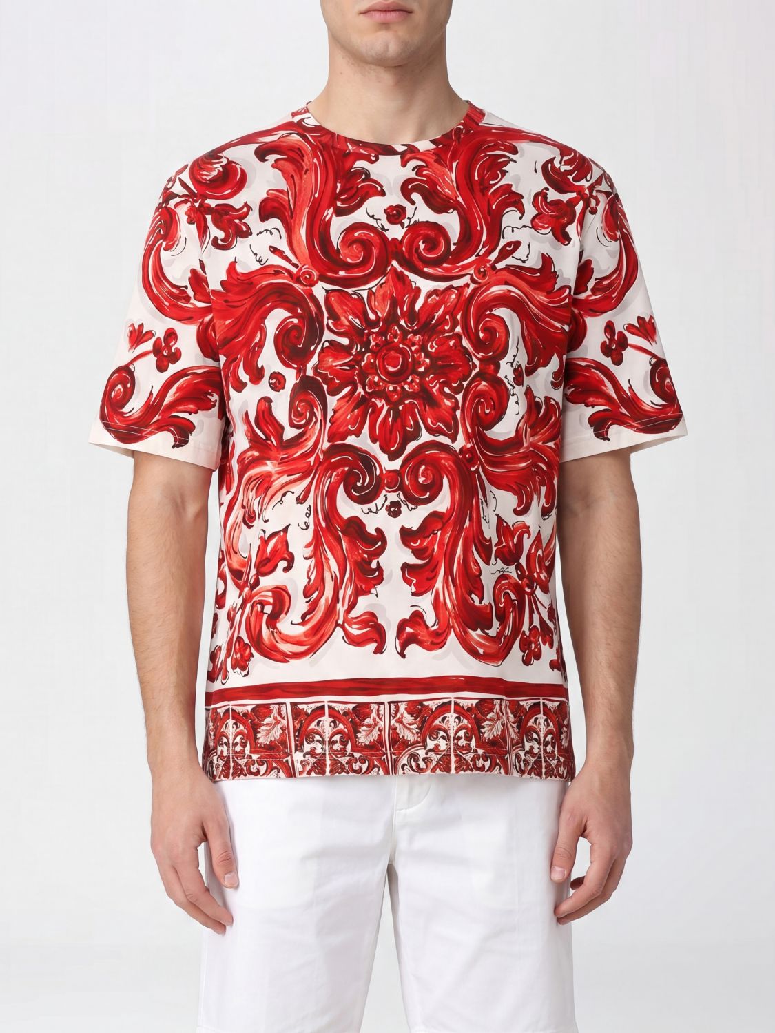 DOLCE & GABBANA T-shirt in cotone a girocollo con stampa Maioliche all-over