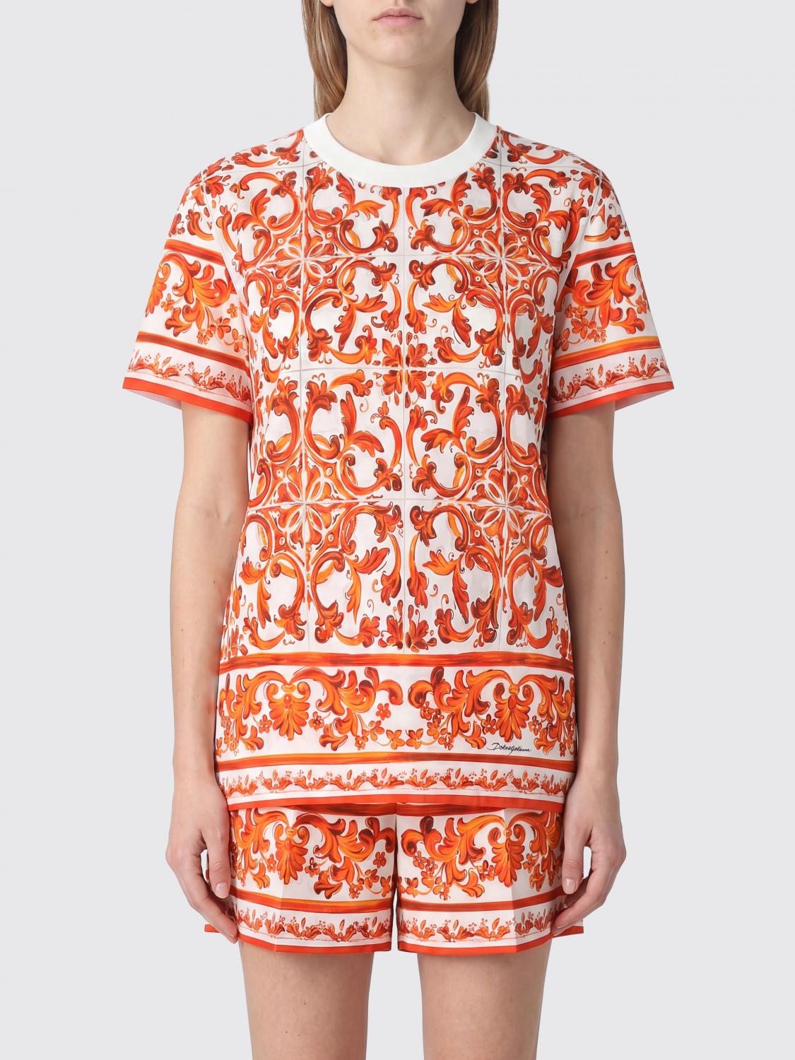 DOLCE & GABBANA Majolica Print Cotton T-Shirt with Contrast Logo