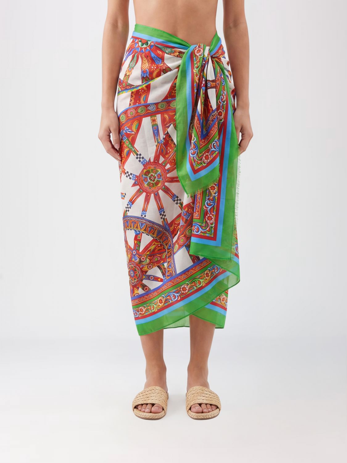 DOLCE & GABBANA Majolica Print High-Waisted Cotton Midi Sarong Skirt