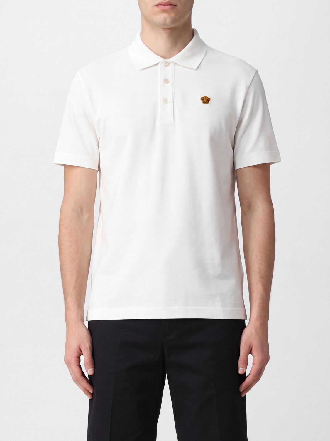 VERSACE Polo in cotone con logo Medusa e colletto a costine