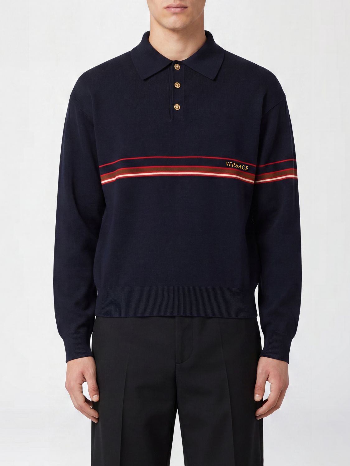 VERSACE Long-Sleeved Knitted Cotton Polo Shirt with Contrast Logo