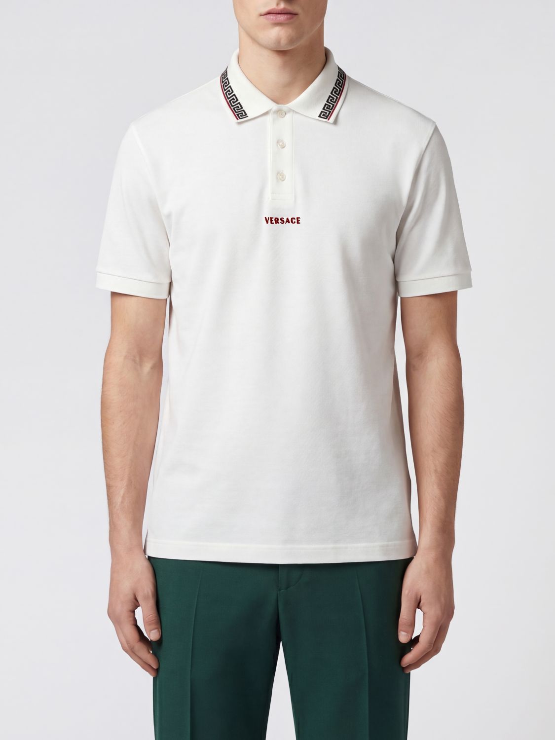 VERSACE Greca Pattern Cotton Polo Shirt with Contrast Embroidered Logo