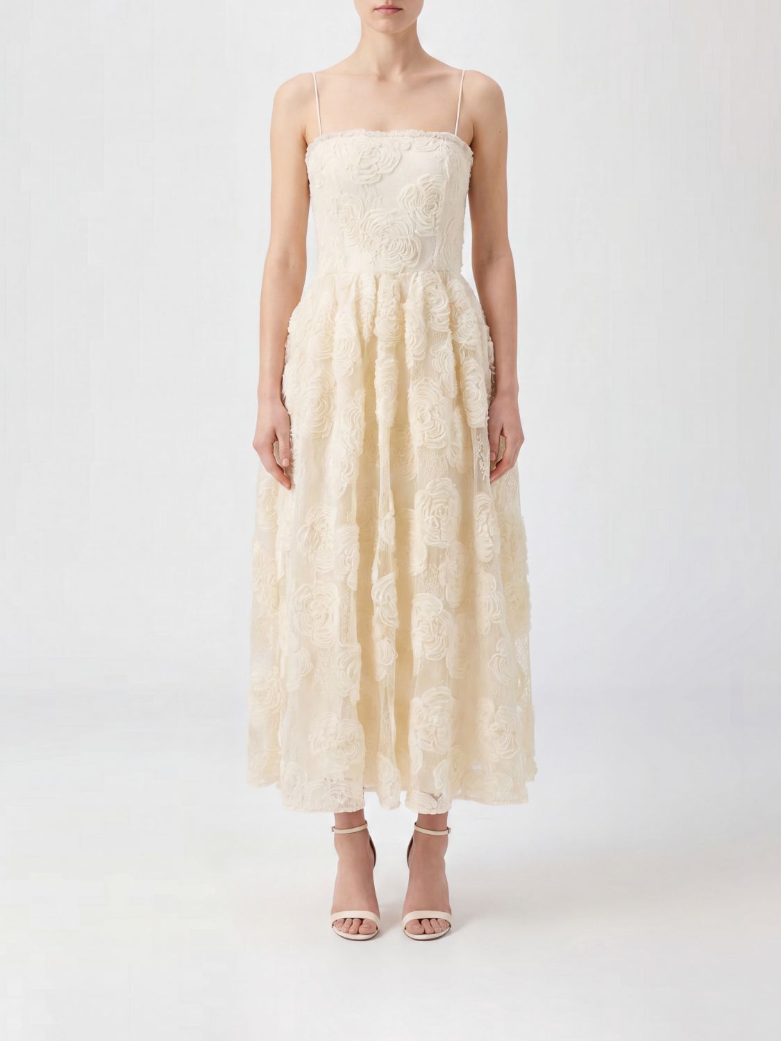 ROTATE Midi Ceremony Dress in Mesh with Square Neckline and Flared Skirt