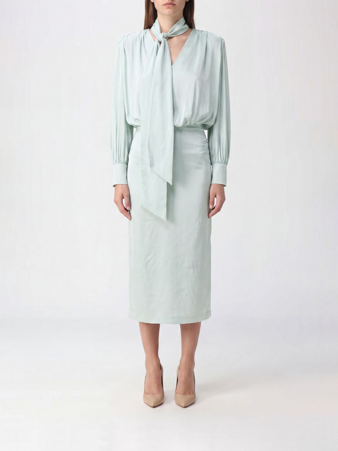 ROTATE Recycled Satin Midi Sheath Dress with Scarf Neck
