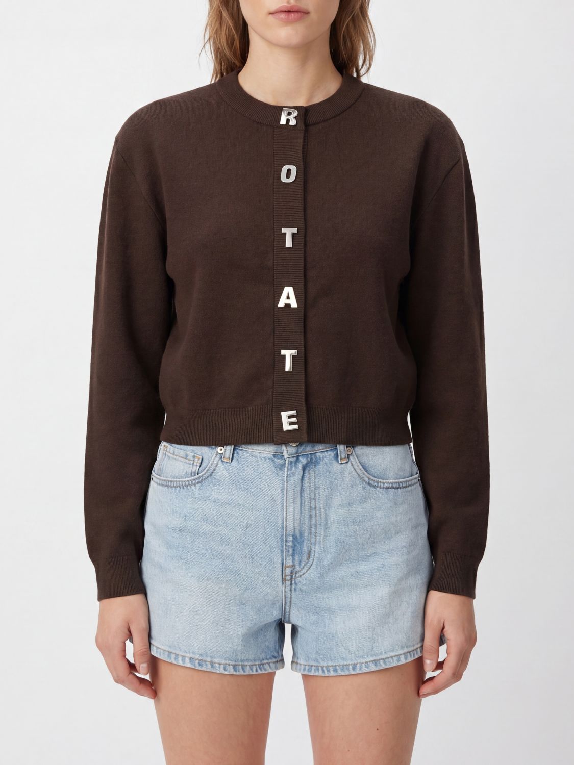ROTATE Cardigan girocollo in cotone e cashmere con logo lettering