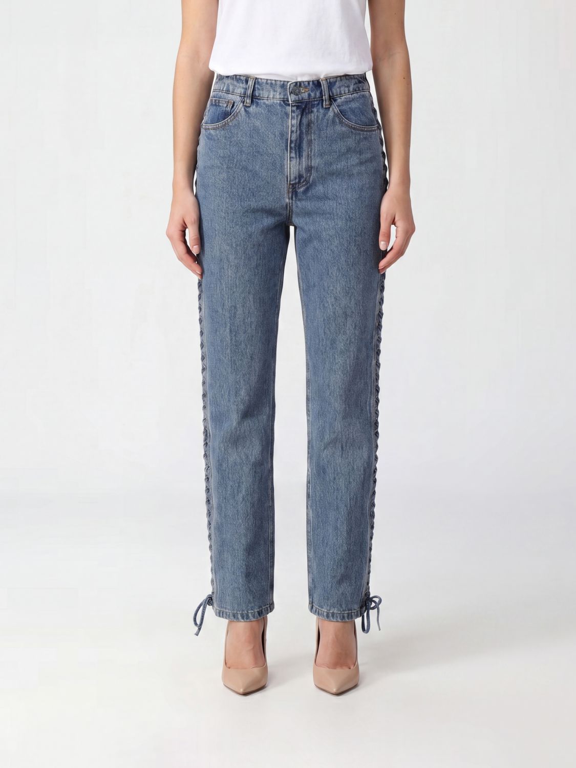 ROTATE Jeans straight a vita alta in denim con fettucce intrecciate