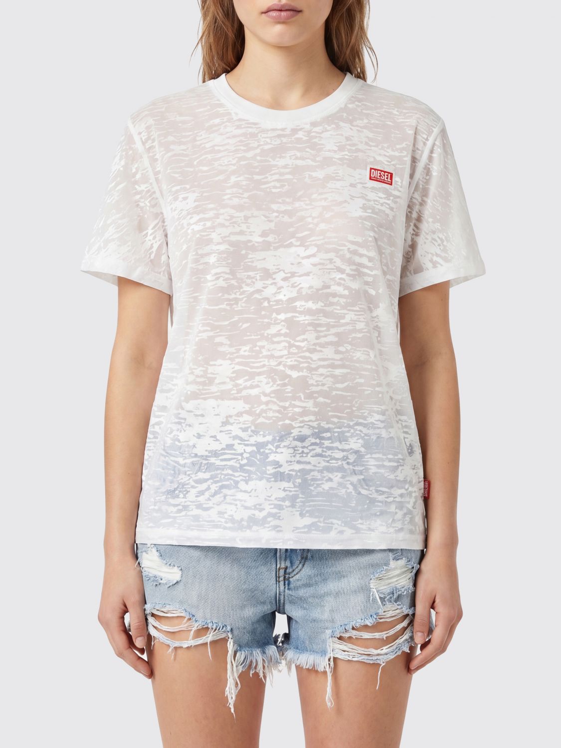 DIESEL Crewneck T-shirt in Stretch Cotton Blend with Contrast Logo　DIESEL コントラストロゴ入りストレッチコットンブレンド クルーネック T シャツ DIESEL
