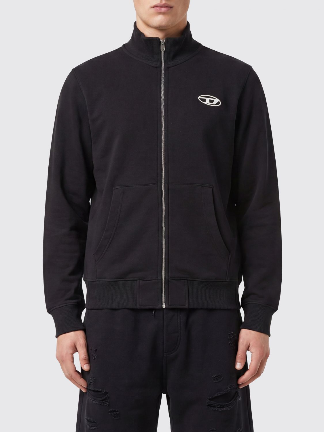 DIESEL High-Neck Zip-Up Cotton Sweatshirt with Contrast Oval D Logo　DIESEL コントラスト オーバル D ロゴ付き ハイネック ジップアップ コットン スウェットシャツ DIESEL