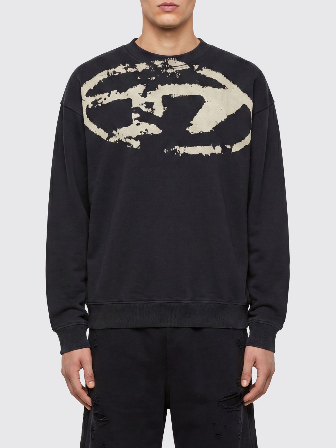 DIESEL Crewneck Cotton Sweatshirt with Dust-Effect Oval D Logo　DIESEL ダストエフェクト オーバル D ロゴ付き クルーネック コットン スウェットシャツ DIESEL