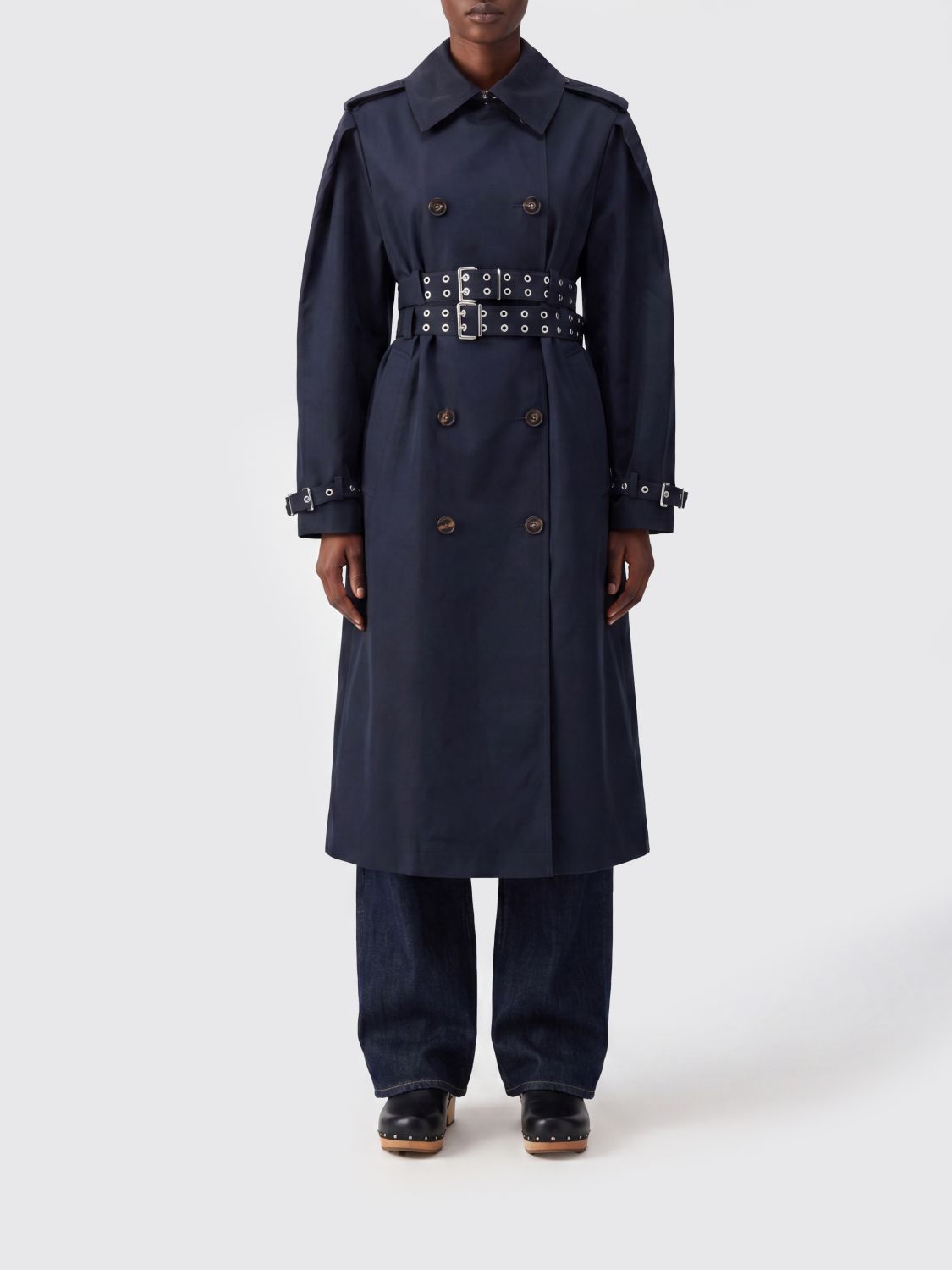 GANNI Long Double-Breasted Studded Cotton Trench Coat