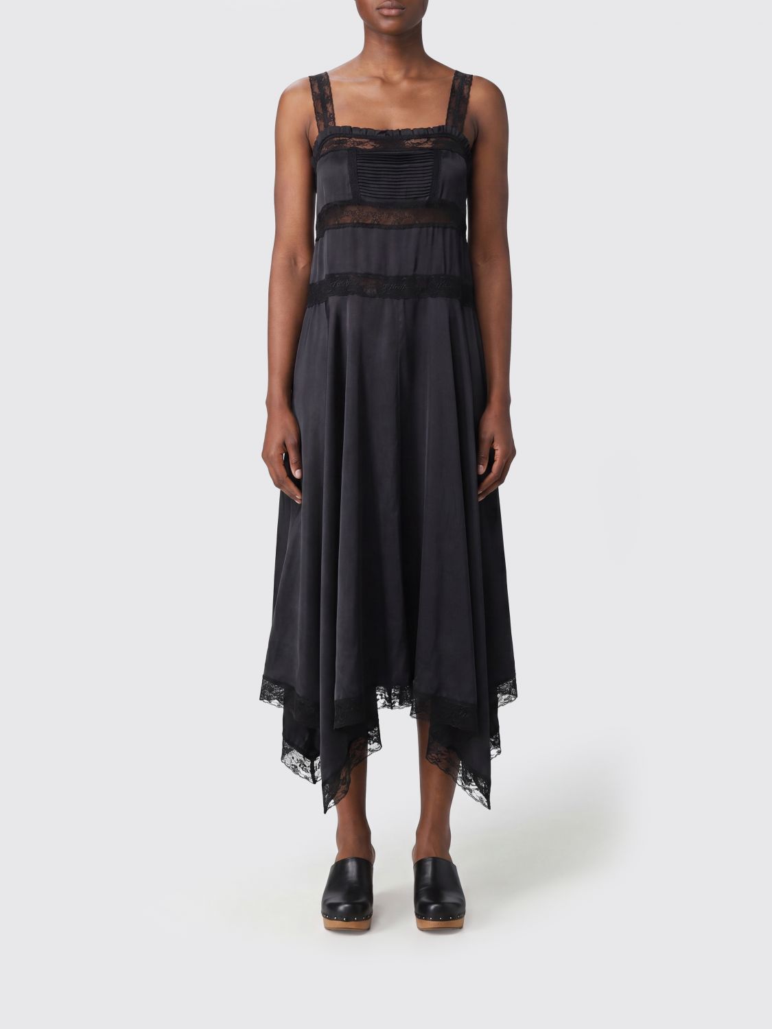GANNI Asymmetric Silk Midi Dress with Lace Inserts