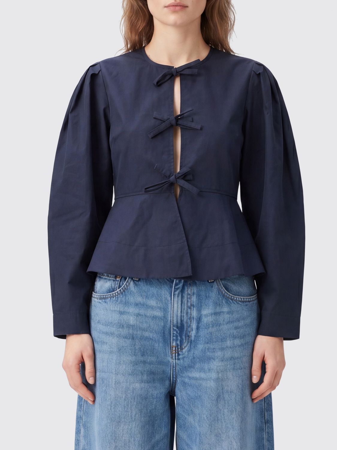 GANNI Cropped Cotton Jacket with Ruched Shoulders and Tie Fastening