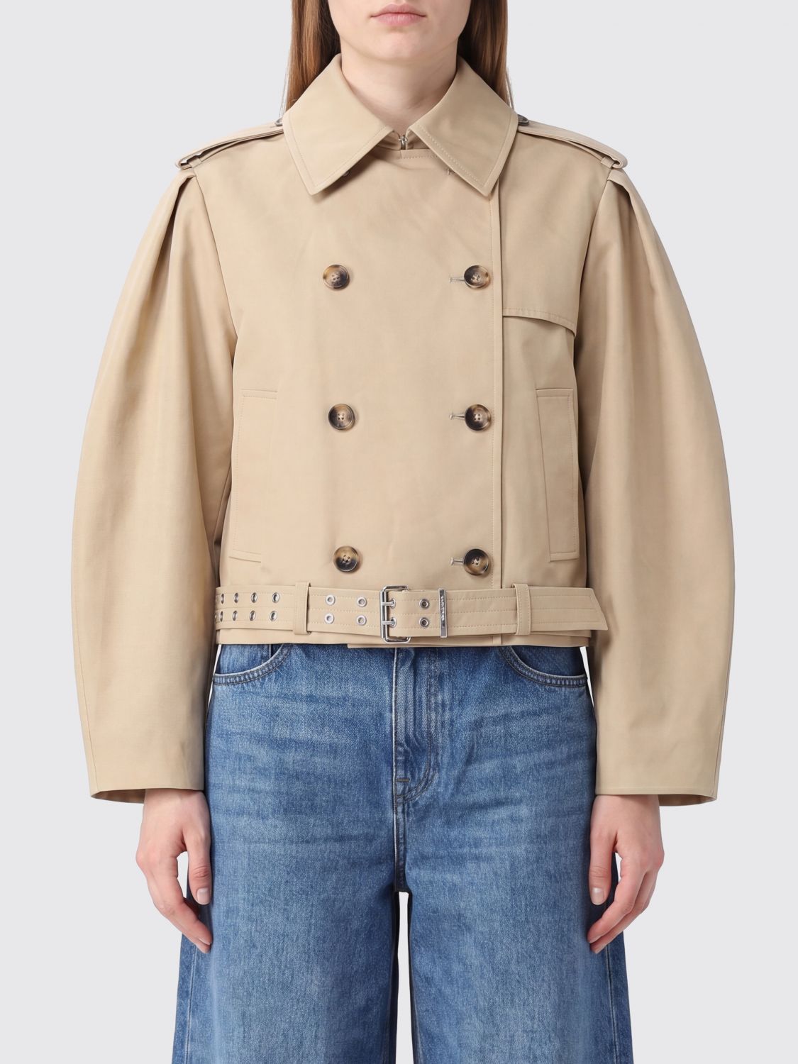 GANNI Cropped Double-Breasted Cotton Trench Coat with Balloon Sleeves