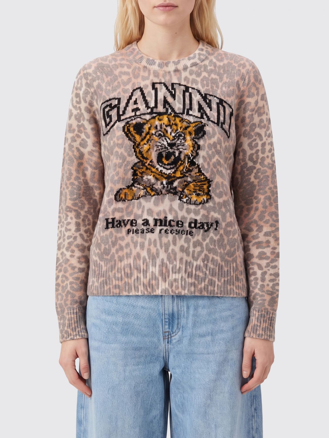 GANNI Slim Fit Animalier Print Merino Wool Jumper with Logo