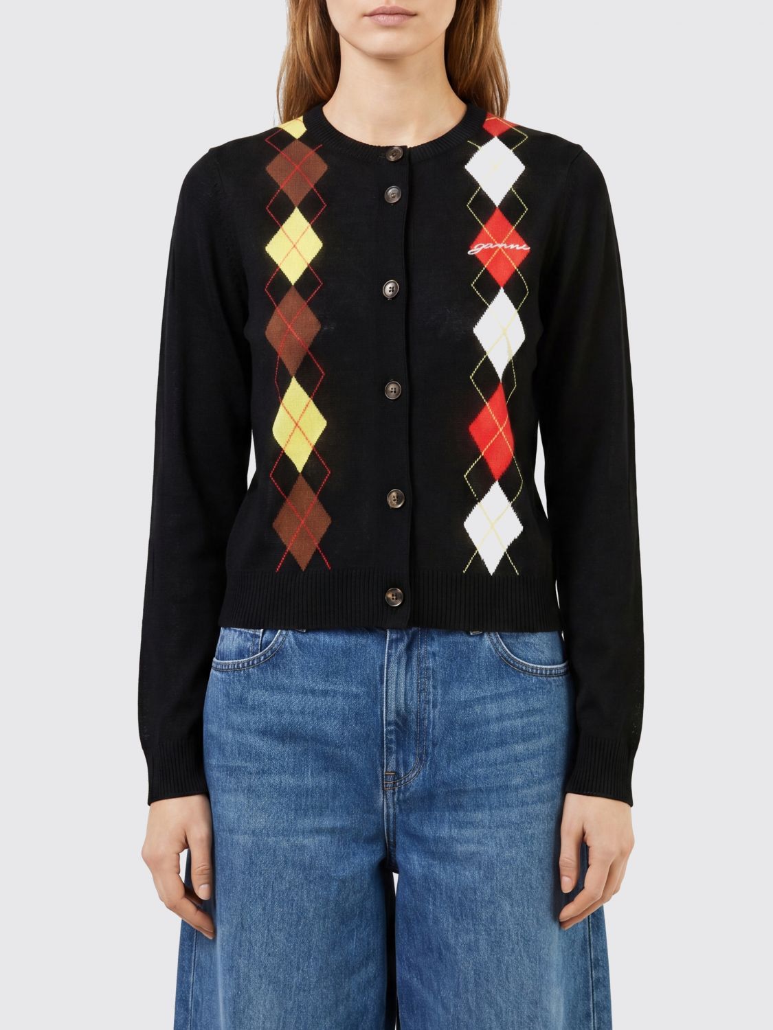 GANNI Slim Fit Argyle Cotton Cardigan