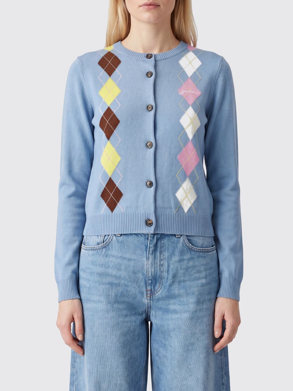 GANNI Slim Fit Argyle Cotton Cardigan