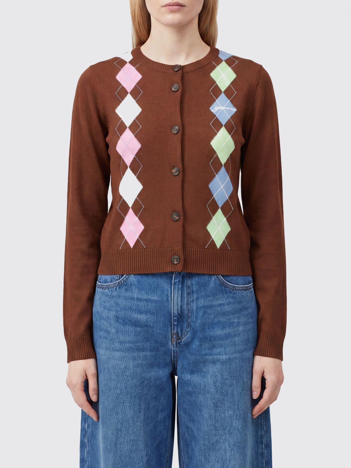 GANNI Slim Fit Argyle Cotton Cardigan