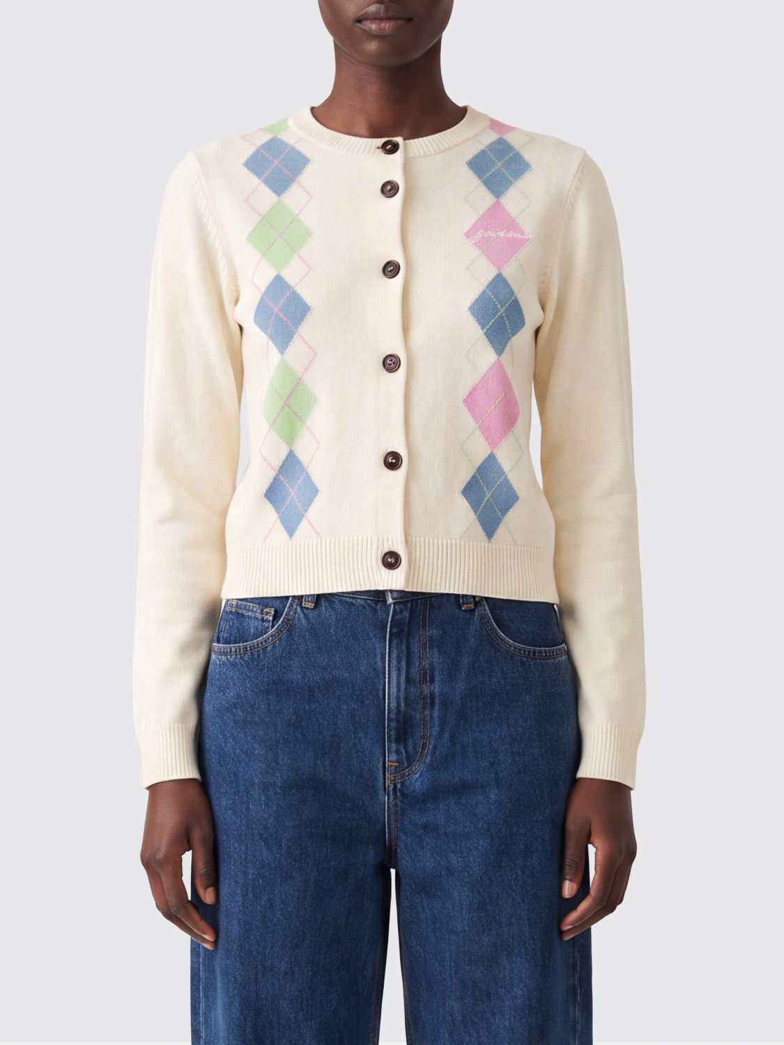 GANNI Slim Fit Argyle Cotton Cardigan