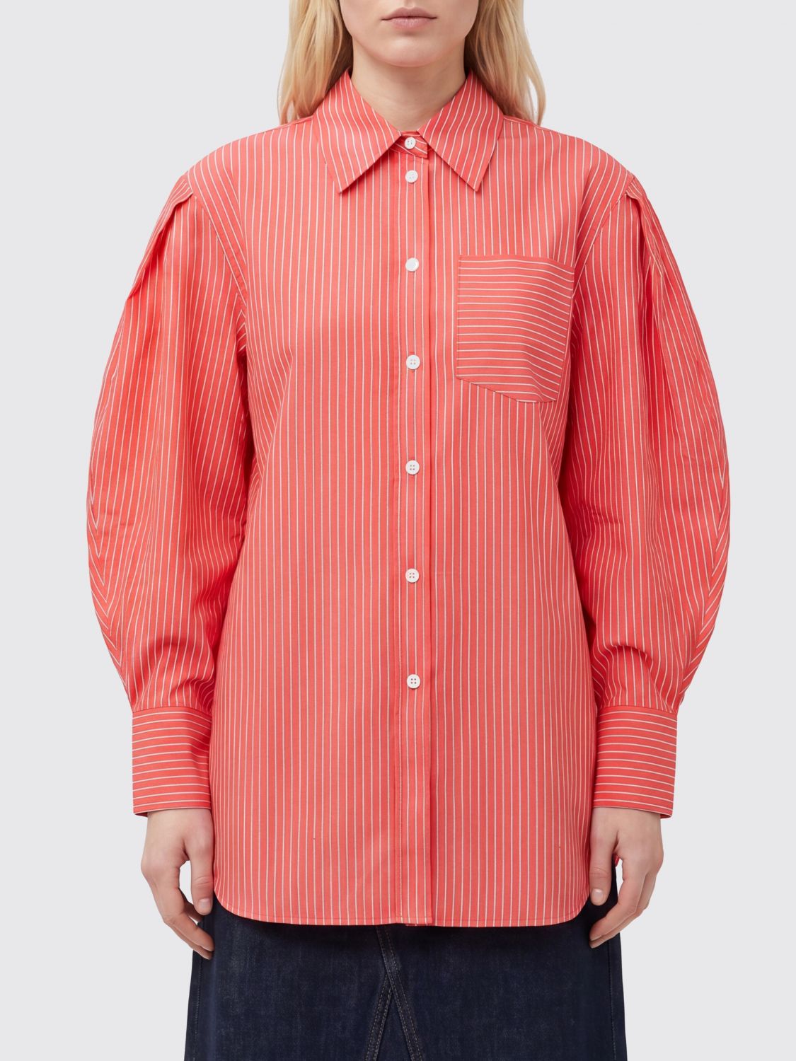 GANNI Striped Cotton Shirt with Balloon Sleeves