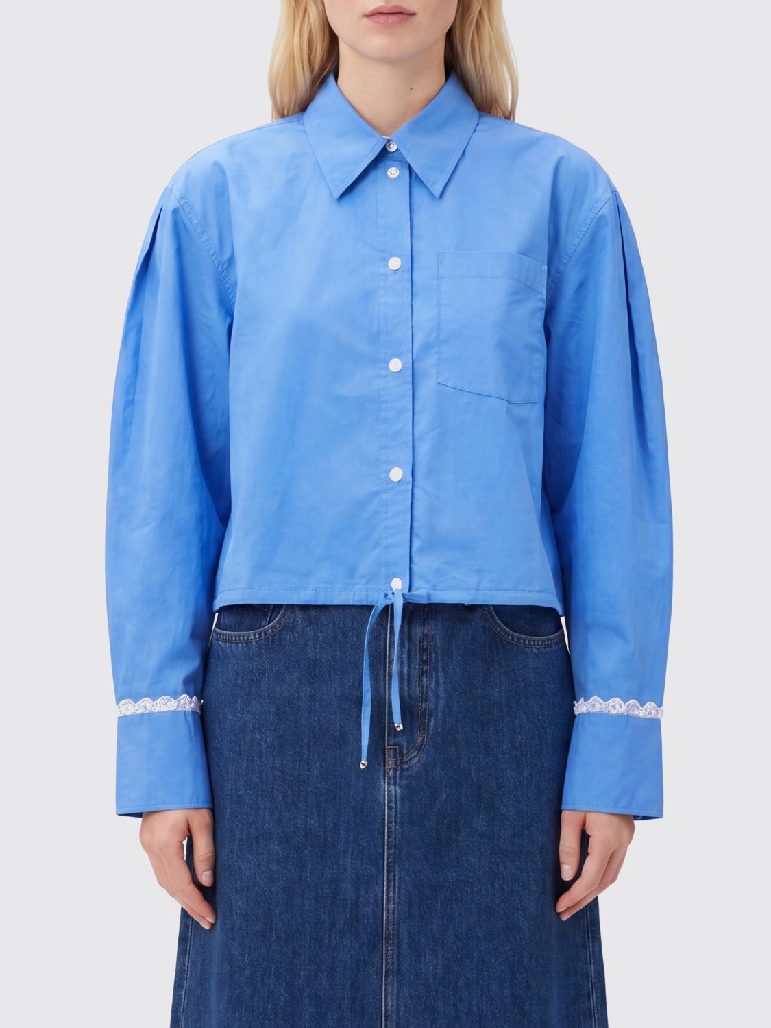 GANNI Cotton Shirt with Balloon Sleeves and Drawstring Hem