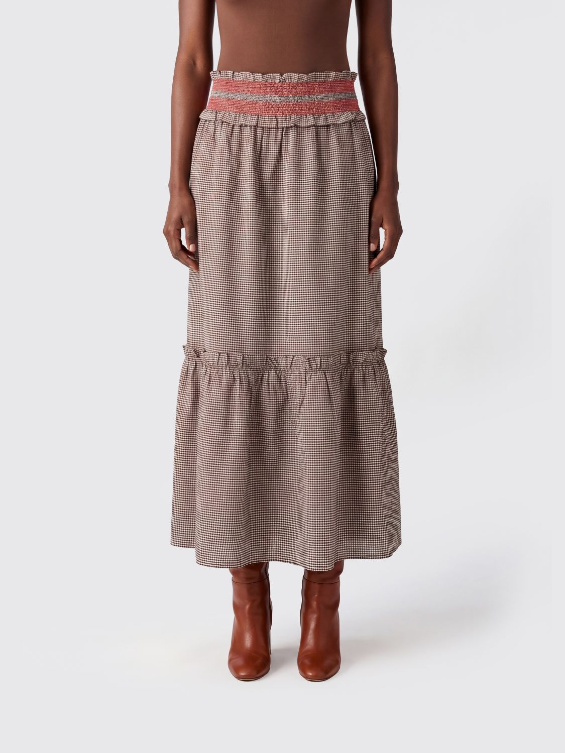 GANNI Check Cotton Midi Skirt with Ruffles and Flounces