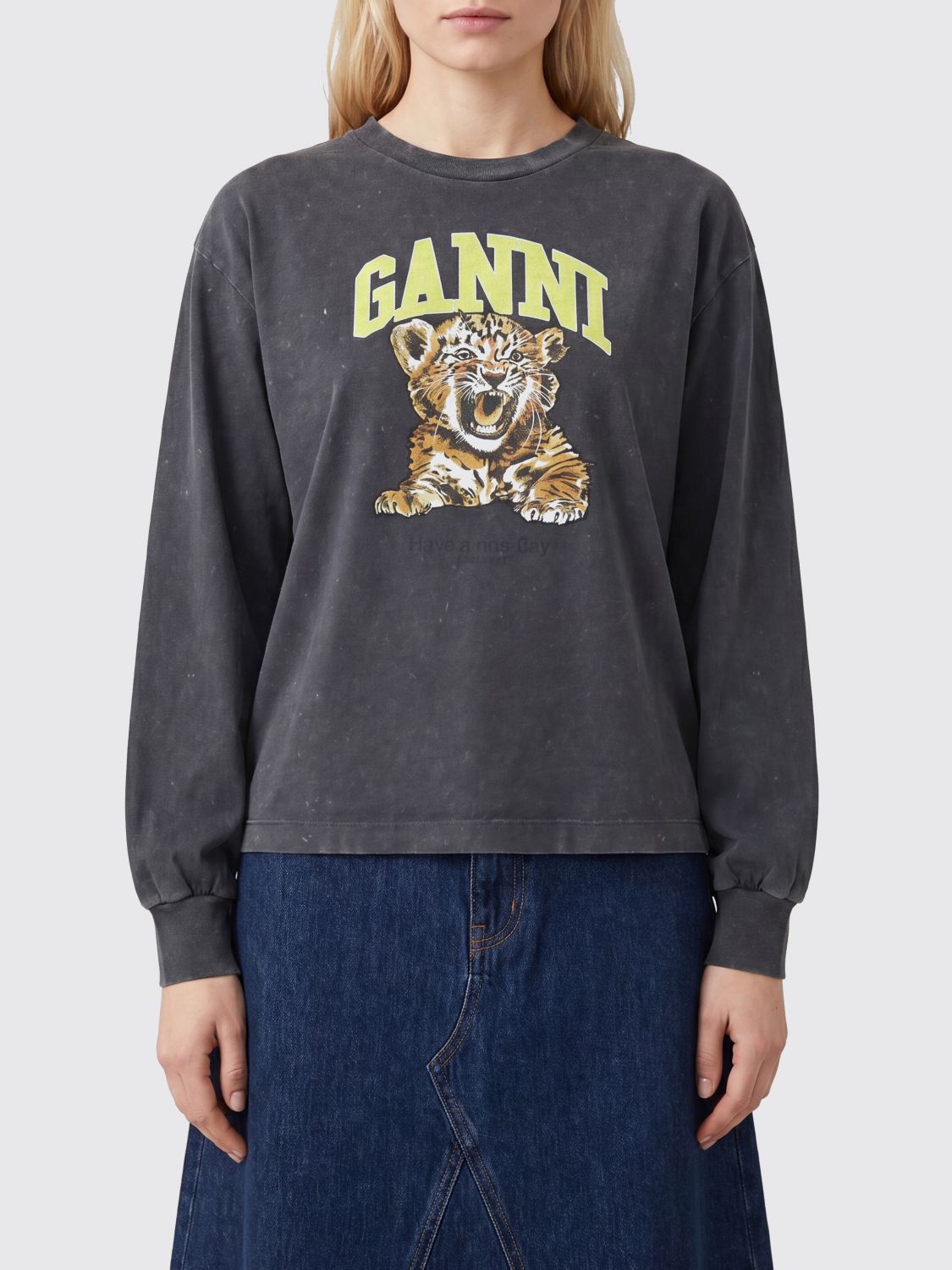 GANNI Logo Print Cotton Crewneck Jumper with Dropped Shoulders