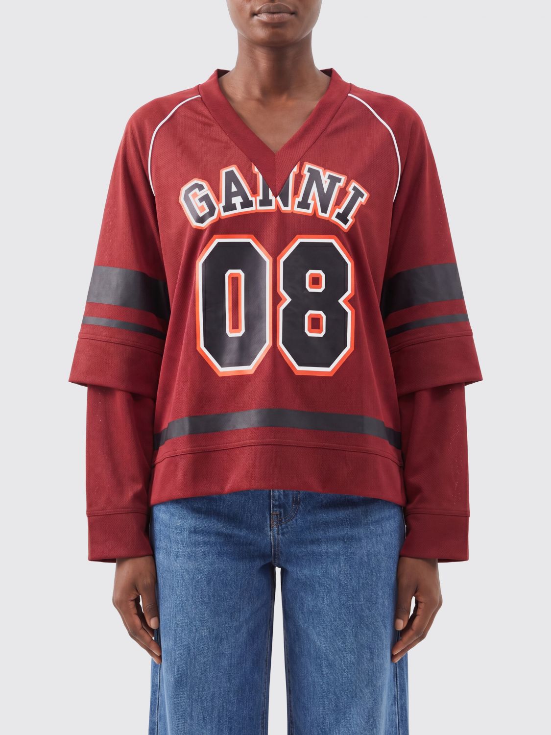 GANNI Long-Sleeved V-Neck Polyester T-Shirt with Logo