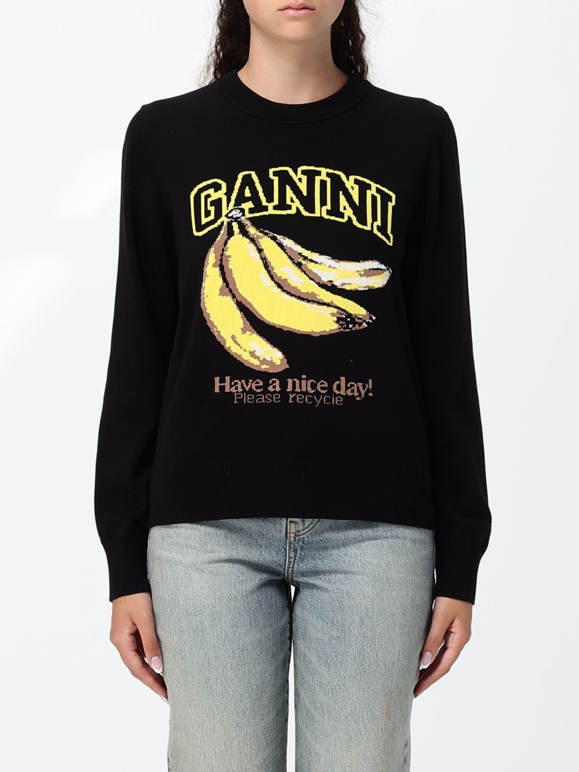 GANNI Cotton Crewneck Sweatshirt with Jacquard Logo and Ribbed Trims