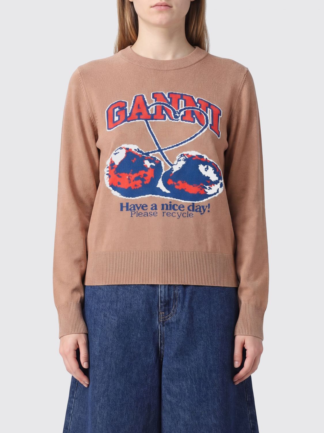 GANNI Contrast Jacquard Logo Cotton Crewneck Jumper