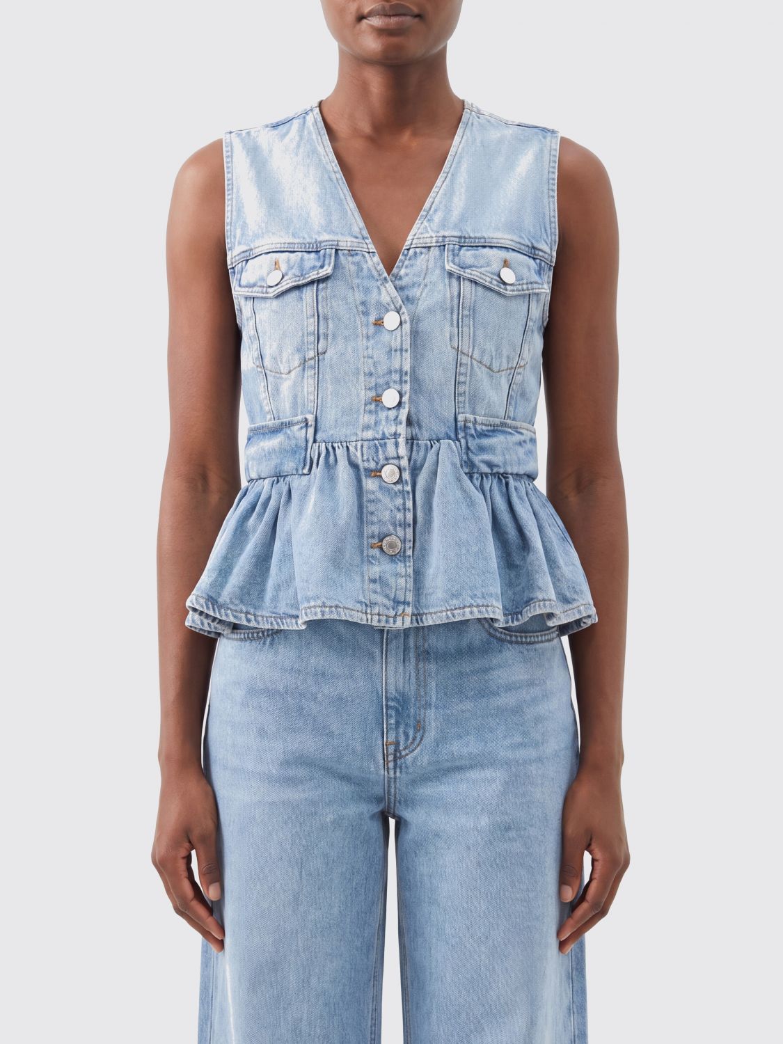 GANNI Slim Fit V-Neck Denim Top with Flounces
