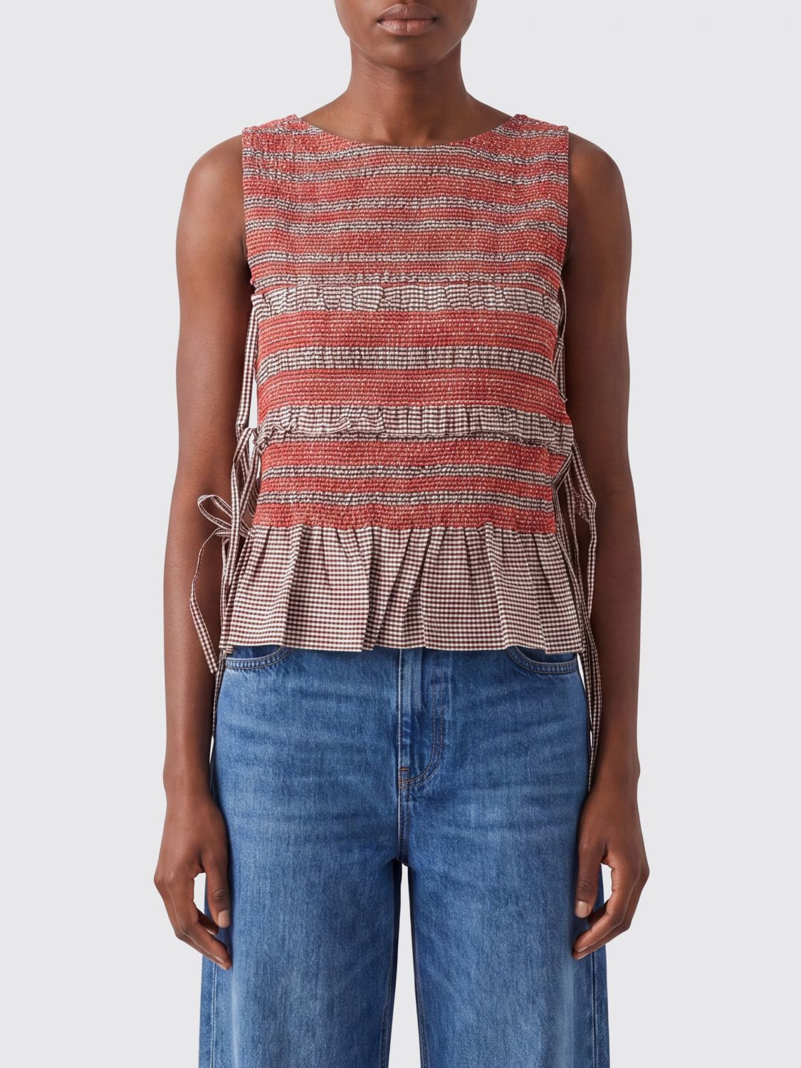 GANNI Striped Cotton Top with Tie Fastening and Flounces