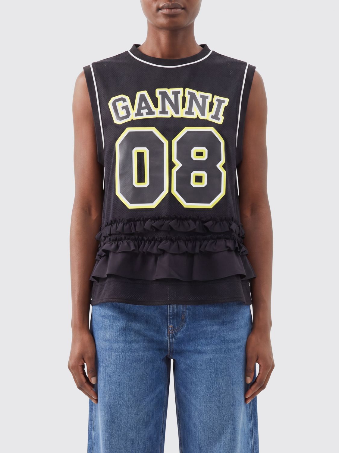 GANNI Sleeveless Polyester Top with Printed Logo and Flounces