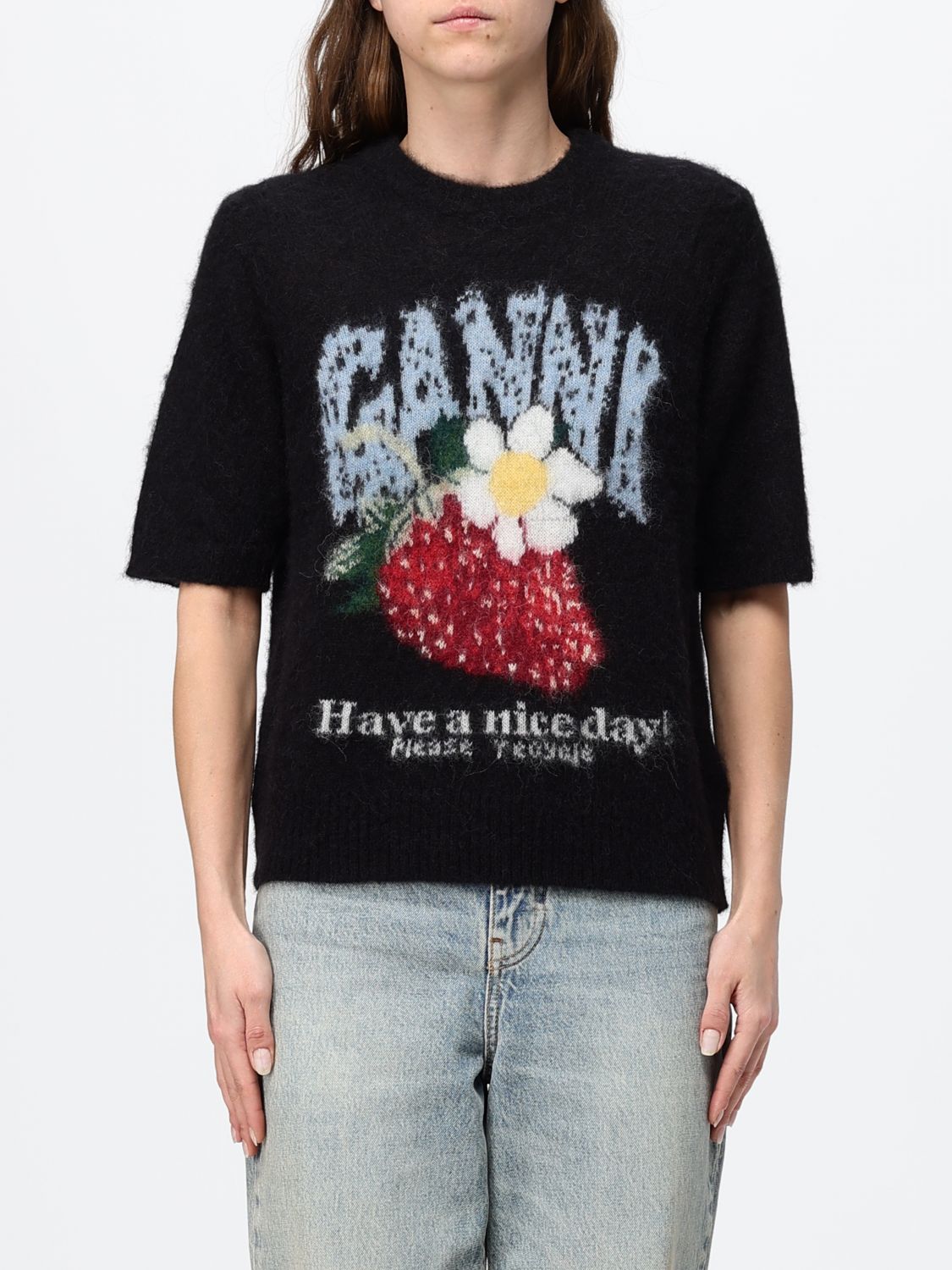 GANNI Relaxed-Fit Short-Sleeved Alpaca-Blend Jumper with Logo