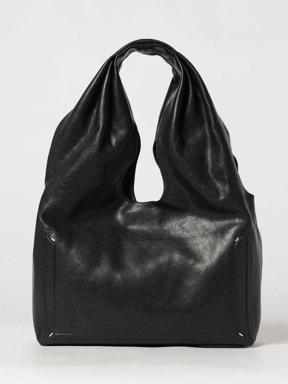 MAISON MARGIELA Box Calfskin Leather Shoulder Bag with White Stitch